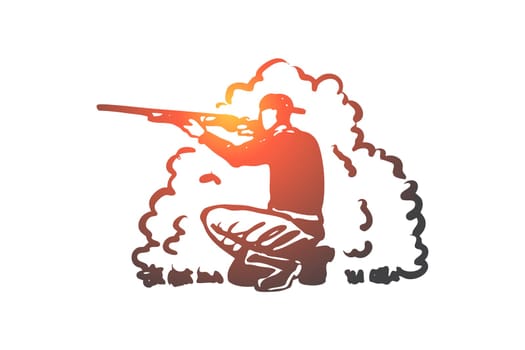 Hunting, rifle, hobby, extraction, rifle concept. Hand drawn hunter aiming at the extraction concept sketch. Isolated vector illustration.