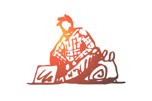 Beggar, poor, asking, sad, tramp concept. Hand drawn beggar asking for money and help on street concept sketch. Isolated vector illustration.