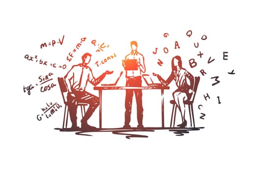 Online, education, knowledge, computer, internet concept. Hand drawn people practicing online education with laptop concept sketch. Isolated vector illustration.