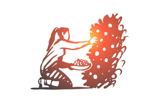 Harvesting, woman, agriculture, farm, food concept. Hand drawn woman harvesting concept sketch. Isolated vector illustration.