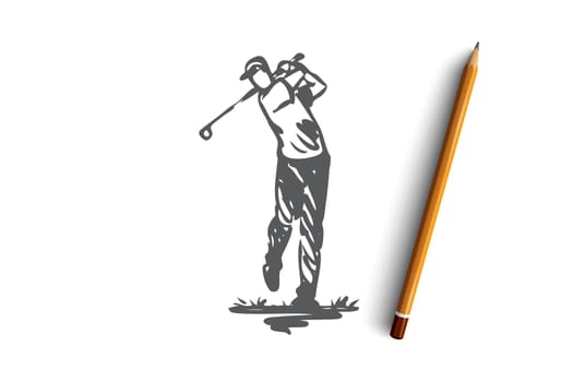 Golf, training, relax, hobby, sport concept. Hand drawn man relaxing playing golf concept sketch. Isolated vector illustration.