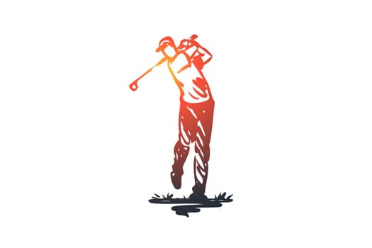 Golf, training, relax, hobby, sport concept. Hand drawn man relaxing playing golf concept sketch. Isolated vector illustration.