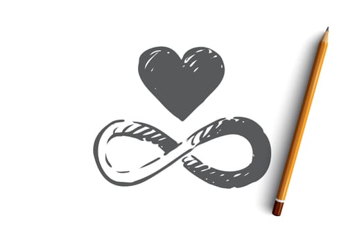 Harmony, heart, balance, heart, unity concept. Hand drawn heart and symbol of infinity concept sketch. Isolated vector illustration.