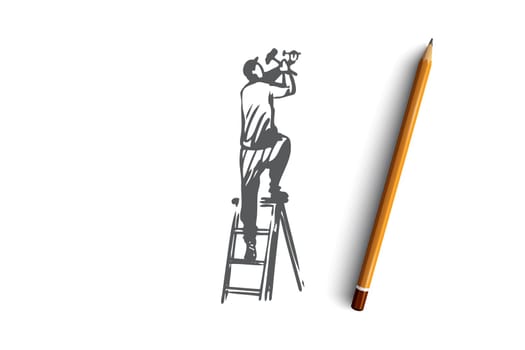 Fixture, installation, repair, worker, construction concept. Hand drawn repairman fixing construction concept sketch. Isolated vector illustration.