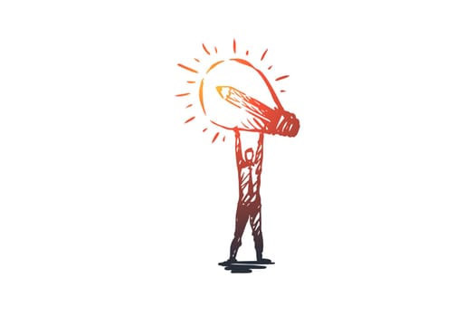 Idea, creative, lamp, business, innovation concept. Hand drawn man with lightning bulb in hands concept sketch. Isolated vector illustration.