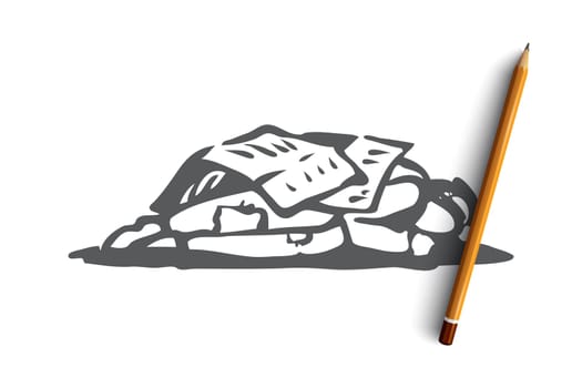 Homeless, sleep, outdoor, poor, miserable concept. Hand drawn homeless man sleeping outdoor concept sketch. Isolated vector illustration.