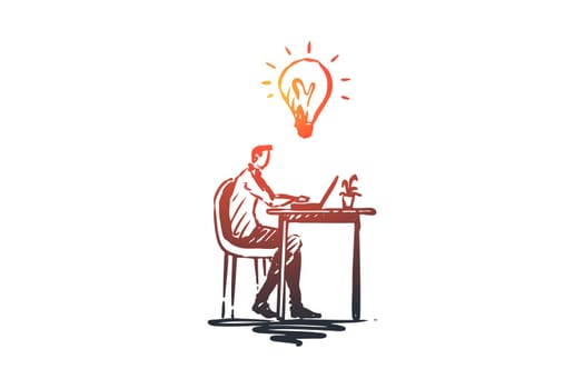 Idea, work, business, laptop, creativity concept. Hand drawn man has an idea while working with laptop concept sketch. Isolated vector illustration.