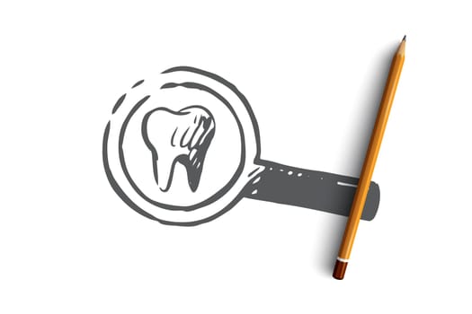 Inspect, teeth, dentist, care, clean concept. Hand drawn tooth under magnifying glass concept sketch. Isolated vector illustration.