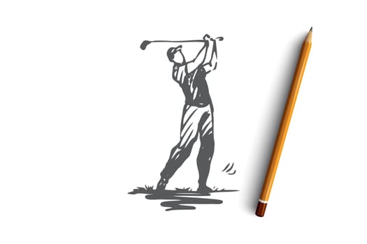Golf, golfing, play, game, equipment concept. Hand drawn golf player with professional equipment concept sketch. Isolated vector illustration.