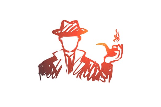 Investigate, magnifier, search, man, detective concept. Hand drawn detective man with tobacco pipe concept sketch. Isolated vector illustration.