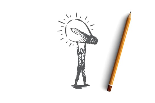 Idea, creative, lamp, business, innovation concept. Hand drawn man with lightning bulb in hands concept sketch. Isolated vector illustration.