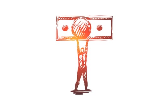 Income, investment, money, financial concept. Hand drawn person with cash in hands concept sketch. Isolated vector illustration.