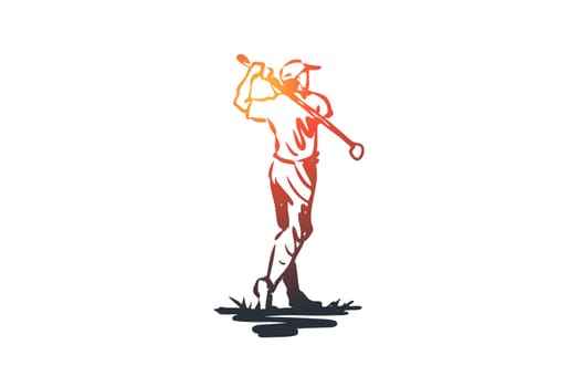 Golf, man, ball, game, sport concept. Hand drawn man playing golf outdoor concept sketch. Isolated vector illustration.