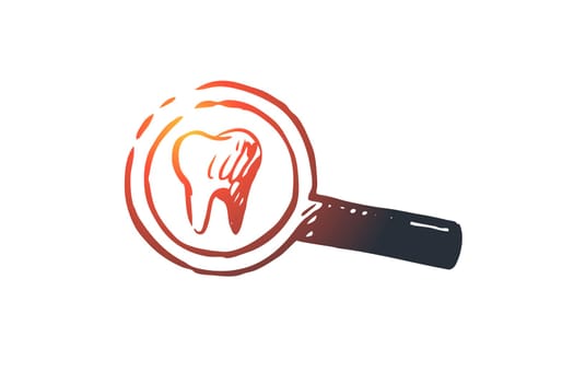 Inspect, teeth, dentist, care, clean concept. Hand drawn tooth under magnifying glass concept sketch. Isolated vector illustration.