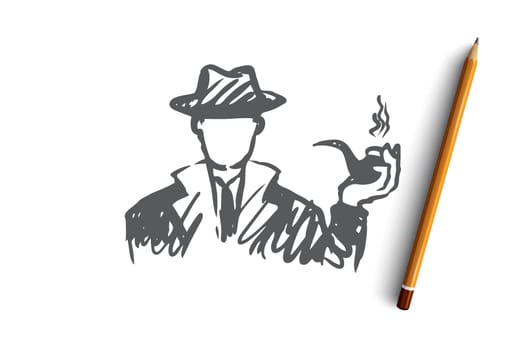 Investigate, magnifier, search, man, detective concept. Hand drawn detective man with tobacco pipe concept sketch. Isolated vector illustration.