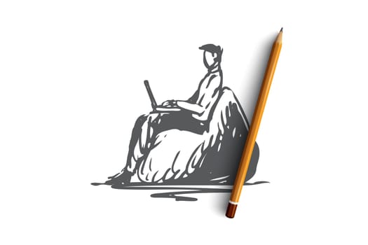 Learning, laptop, education, adult, study concept. Hand drawn adult man studying in internet concept sketch. Isolated vector illustration.
