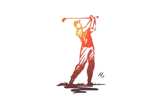 Golf, golfing, play, game, equipment concept. Hand drawn golf player with professional equipment concept sketch. Isolated vector illustration.