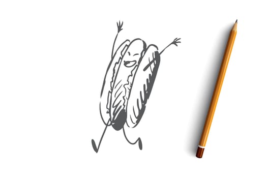 Hot dog, food, sausage, bun, tasty concept. Hand drawn funny hot dog running raised concept sketch. Isolated vector illustration.