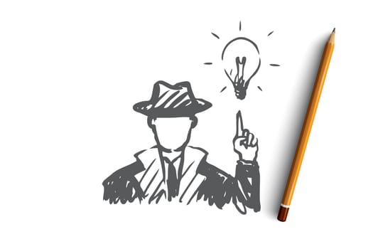 Idea, man, creative, solution concept. Hand drawn man in suit has an idea concept sketch. Isolated vector illustration.