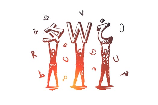 Language, courses, English, studying, class concept. Hand drawn different languages and people with letters concept sketch. Isolated vector illustration.