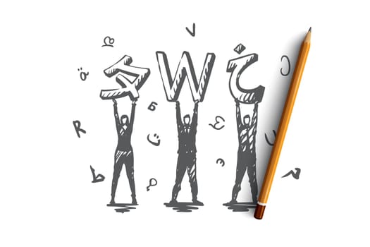 Language, courses, English, studying, class concept. Hand drawn different languages and people with letters concept sketch. Isolated vector illustration.