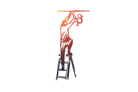 Lightning, installer, chandelier, electrician concept. Hand drawn electrician installing chandelier concept sketch. Isolated vector illustration.