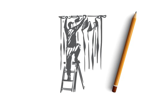 Hanging curtain, decoration, cloth, fabric concept. Hand drawn man hanging curtain at home concept sketch. Isolated vector illustration.