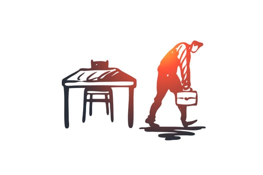 Late, work, manager, job, busy concept. Hand drawn tired worker leaving office too late concept sketch. Isolated vector illustration.