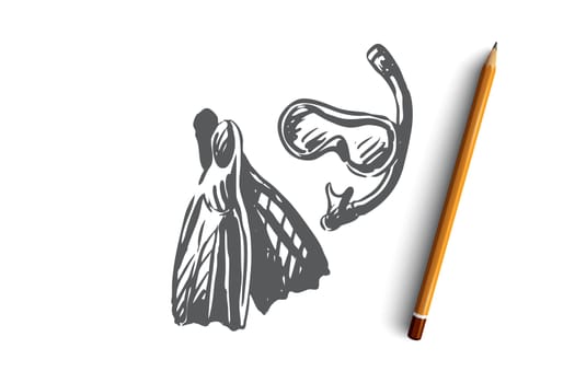 Flippers, snorkeling, mask, underwater, scuba concept. Hand drawn equipment for diving concept sketch. Isolated vector illustration.