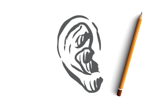 Hearing, listen, ear, deaf, care, medicine concept. Hand drawn human ear, symbol of hearing concept sketch. Isolated vector illustration.