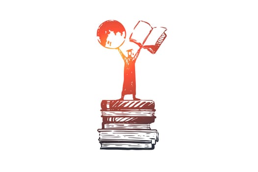 Knowledge, power, books, student, learning concept. Hand drawn person standing on stack of books concept sketch. Isolated vector illustration.