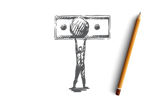 Income, investment, money, financial concept. Hand drawn person with cash in hands concept sketch. Isolated vector illustration.
