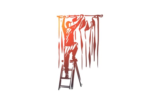 Hanging curtain, decoration, cloth, fabric concept. Hand drawn man hanging curtain at home concept sketch. Isolated vector illustration.