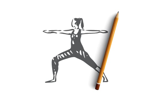 Arms, human, standing, woman, hand concept. Hand drawn woman standing in pose with arms raised concept sketch. Isolated vector illustration.