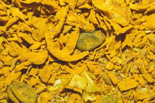 Curry spice background. curcuma seasoning. yellow condiment close up