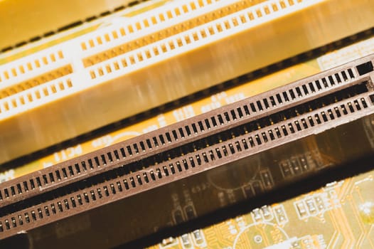 Memory slots on the motherboard close up. ram socket. connector on the circuit board of computer
