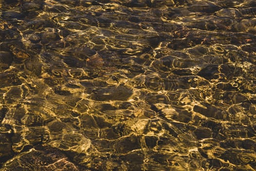 Shiny transparent water. clear water with pebbles and stone on the bottom. shining reflections of sun rays and ripples on the water surface