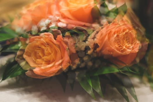 Bouquet of roses with double exposure abstract background. blurred flowers