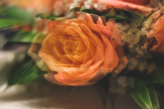Bouquet of roses with double exposure abstract background. blurred flowers