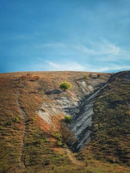 Idyllic countryside view to a single tree on the karst limestone hills at Orheiul Vechi, old Orhei complex, near Trebujeni village, Moldova. Autumn season nature landscape.