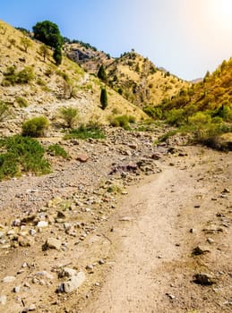 Dry river bed and a trail in Hissar Valley in Tajikistan