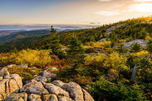 Scenic view of Acadia National Park and Atlantic coast from Cadillac Mountain at sunset