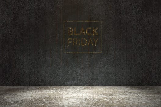 3d illustration. Gloden black friday font on black wood wall and wood floor . give voucher, banner, poster or background, paper art and craft style