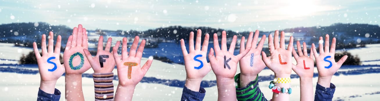 Children Hands Building Colorful English Word Soft Skills. Snowy Winter Background With Snowflakes