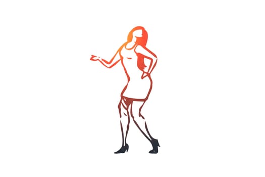 Dancing, woman, girl, active, party concept. Hand drawn attractive girl dancing at party concept sketch. Isolated vector illustration.