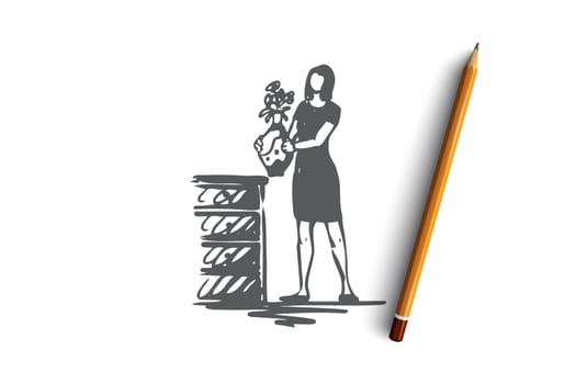 Decorating, flowers, woman, home, cozy concept. Hand drawn woman with flowers in vase concept sketch. Isolated vector illustration.