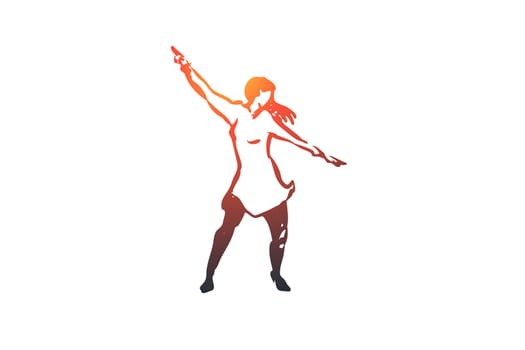 Dancing, dance, woman, party, disco concept. Hand drawn attractive young girl dancing at disco party in nightclub concept sketch. Isolated vector illustration.