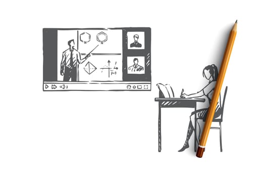 Education, home, student, internet, computer concept. Hand drawn woman learning subject at home with internet concept sketch. Isolated vector illustration.