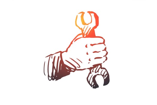Mechanics, wrench, repair, tool, handyman concept. Hand drawn wrench in handyman's hands concept sketch. Isolated vector illustration.