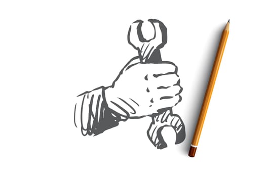 Mechanics, wrench, repair, tool, handyman concept. Hand drawn wrench in handyman's hands concept sketch. Isolated vector illustration.